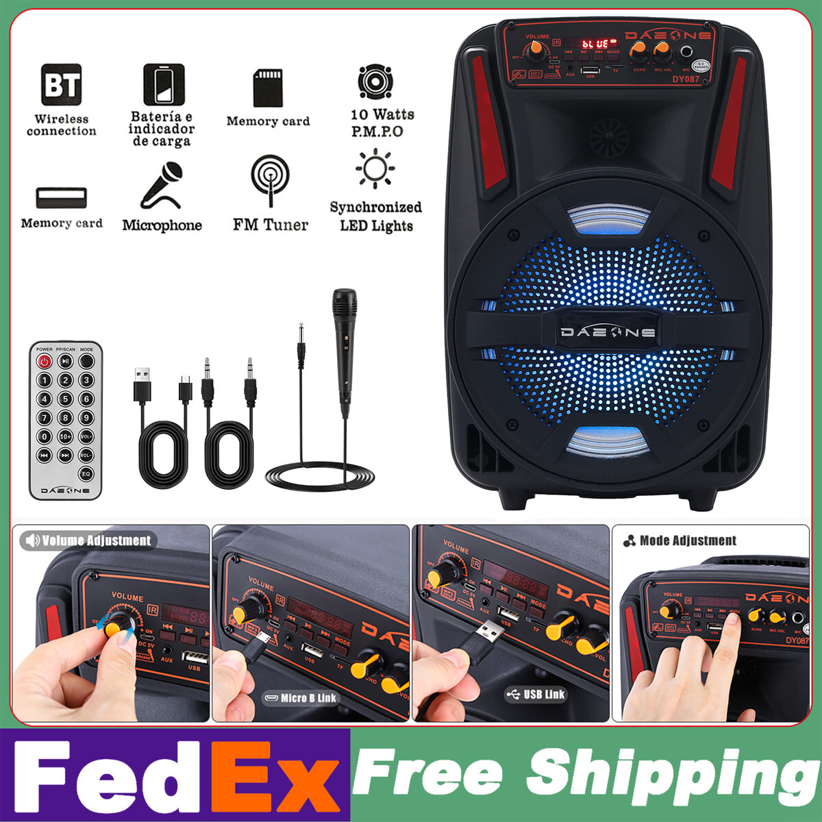 8'' Portable Party Bluetooth Speaker FM Radio DJ LED with Remote/ Microphone/USB