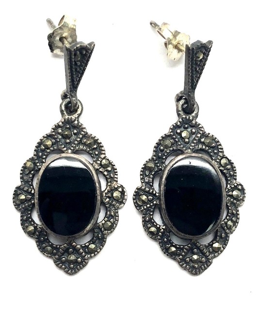 Sterling Silver 925 Vintage Oxidized Black Onyx Marcasite Drop Dangle