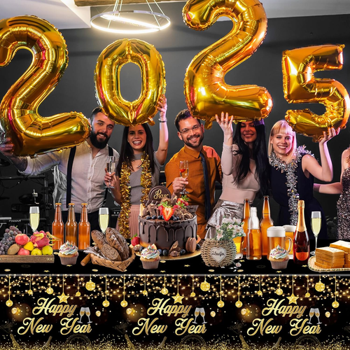 3 Pack New Years Tablecloths - Happy New Year Plastic Tablecloth Set, Black and - Picture 2 of 16