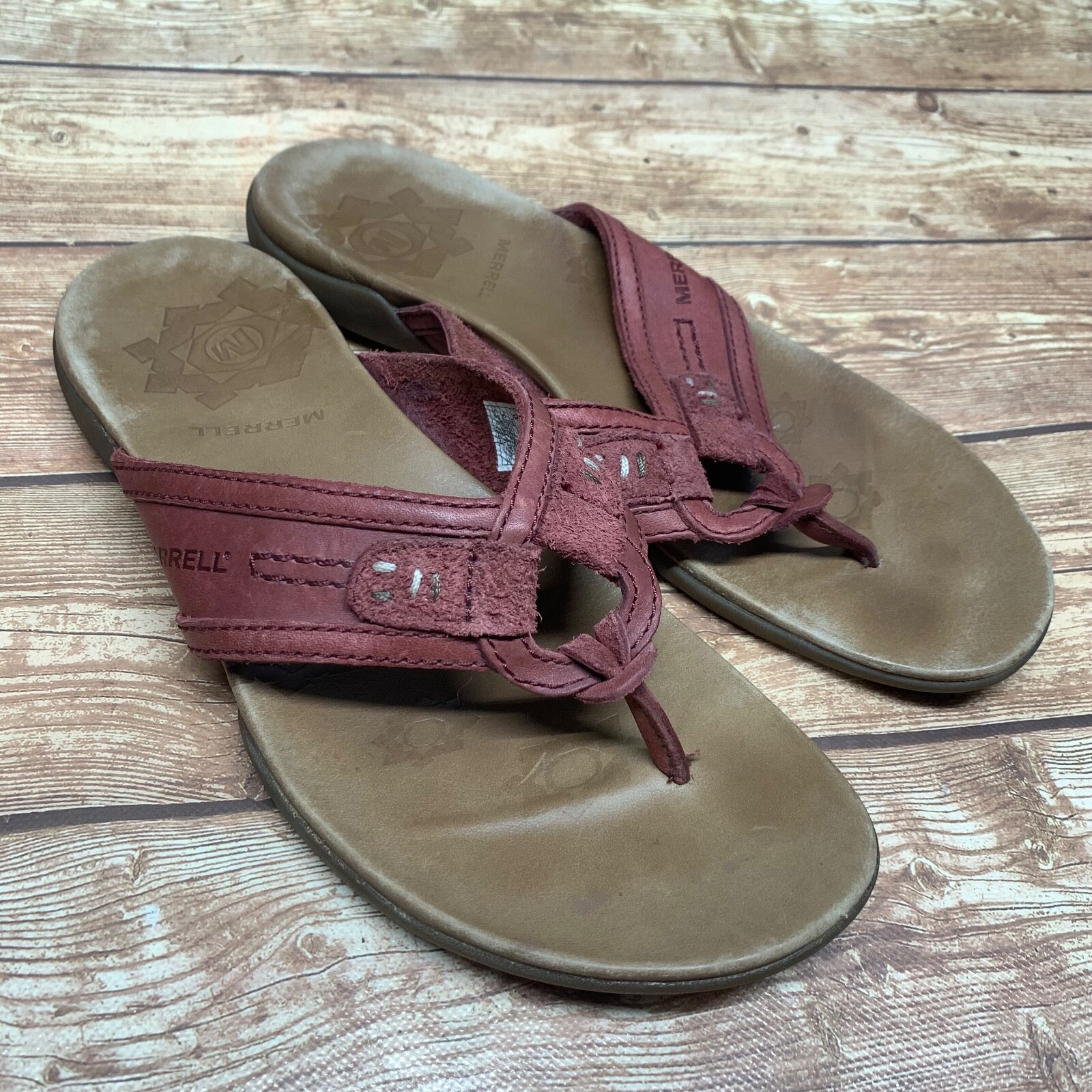 Merrell Port rosso pelle sandalo tanga donna 10 infradito scarpa comoda