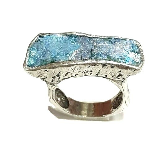 Roman Glass Ring 925 Sterling Silver Ancient Fragments 0 B C Bluish Patina For Sale Online Ebay
