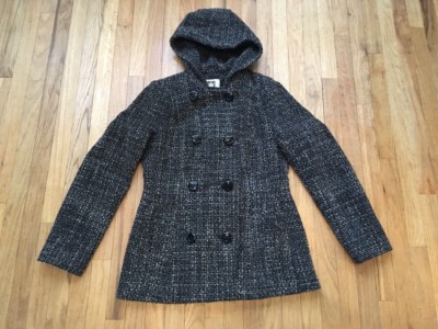 Anne Klein Hooded Winter Jacket Dark Gray Wool Blend Double Breasted Swing 
