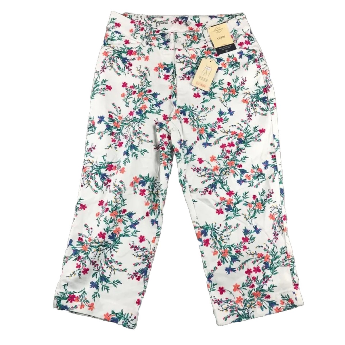 St Johns Bay Pants Womens White Floral Lightweight Mid Rise Capris NWT