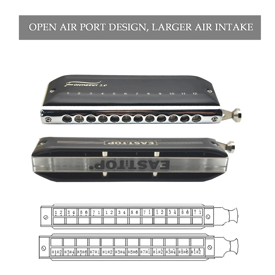 EASTTOP Updated FORERUNNER 2.0 without valves Chromatic Harmonica 12Hole 48Tones - Image 2 of 4