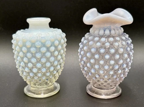 2 Vintage Fenton Opalescent Hobnail Miniature Vases 3.5 - 3.75” H