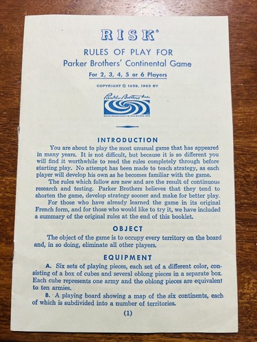 RISK Board Game Instructions Manual Rules Replacement Part Vintage 1959 1963 - Picture 2 of 3