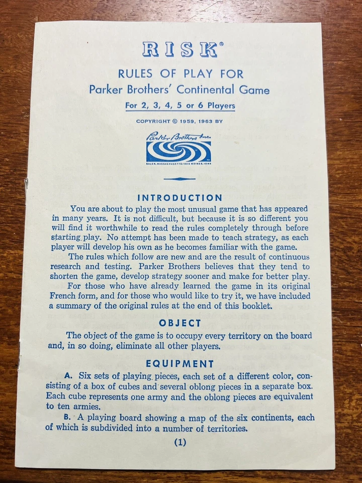 RISK Board Game Instructions Manual Rules Replacement Part Vintage 1959 1963 - Image 2 of 3