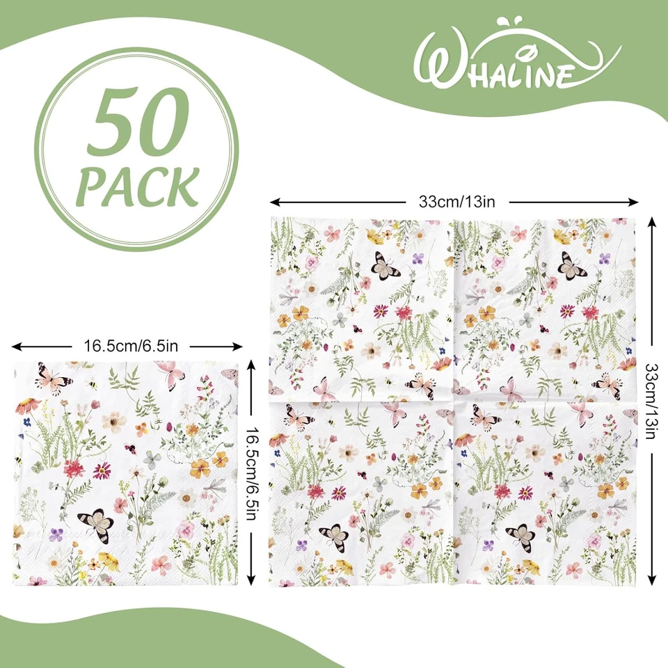 50 Piezas Servilleta de Papel Flor Silvestre Acuarela Floral Mariposa Desechable Almuerzo Na Foto 2 de 4