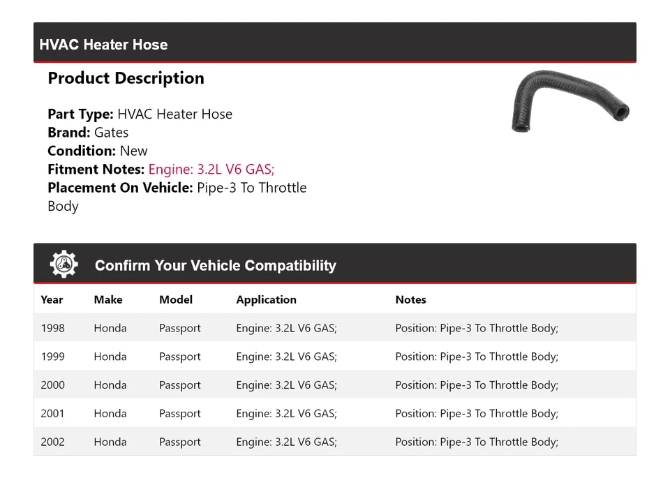 For 1998-2002 Honda Passport HVAC Heater Hose Pipe-3 To Throttle Body Gates 1999 - Image 2 of 4