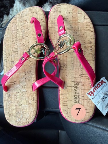 New Michael Kors Women’s 7. MK Charm Jelly Flip Flops Cork Bottom, Ultra Pink.