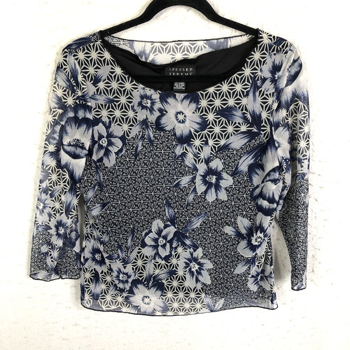 Vintage Fairy Grunge Top Womens Medium Blue Floral Mesh Sheer Y2K Retro