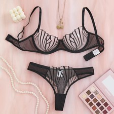 Push Up Underwire Lingerie Set Bra Brief Embroidered Black Support Wear 2PCS
