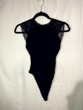 Black Lace Bodysuit Women s Small No Tag Sleeveless Ribbed Snap Closure Sheer To