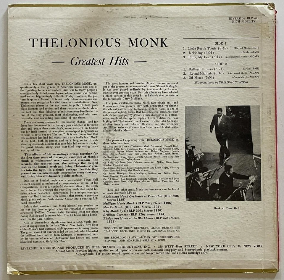 Thelonious Monk Greatest Hits LP Riverside Jazz (1962) vg++ - Image 2 of 4