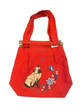Handmade VTG Siamese Cat Purse Wood Handle Raggedy Ann Fabric Liner