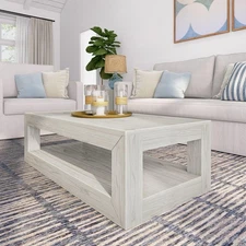 40" Modern Rectangular Coffee Table with Shelf, Solid Wood Center Table with ...