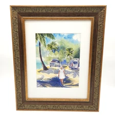 Tropical Landscape Original Watercolor Painting Beach Palm Seascape Bronze Frame
