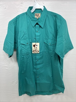 New Men s ELY Cattleman Teal Short Sleeve Pearl Snap 16 Large AA-109