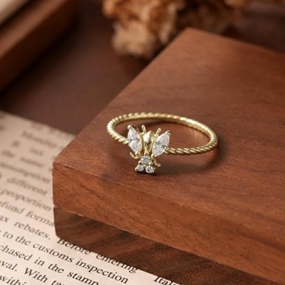 Marquise Cut Diamond Bee Twisted Band Ring In 14K Yellow Gold Handmade Jewelry