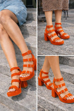 Orange Suede Chunky Block Heel Sandals Platform Buckle Straps UK 3–8