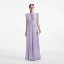 Self Portrait Lilac Chiffon Ruffle Pleated Maxi Dress with Bow Detail