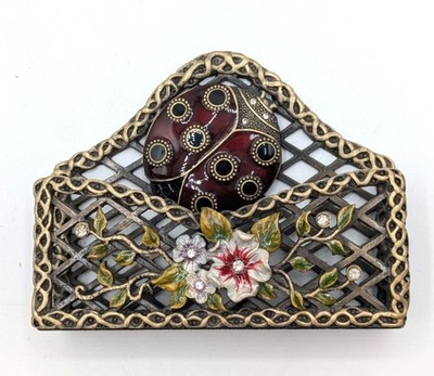 Enameled Floral Ladybug Brass Business Card Holder with Rhinestones 4x3''