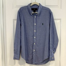 Ralph Lauren Blue Checkered Long Sleeve Button Up Dress Shirt Boy M 10/12 Cotton