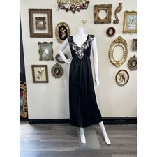 Vintage Black Nylon Lace Trim Maxi Slip Nightgown Size Small
