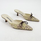 Manolo Blahnik Vintage Beige Green Brown Canvas Bow Pointed Toe Mules IT 36.5