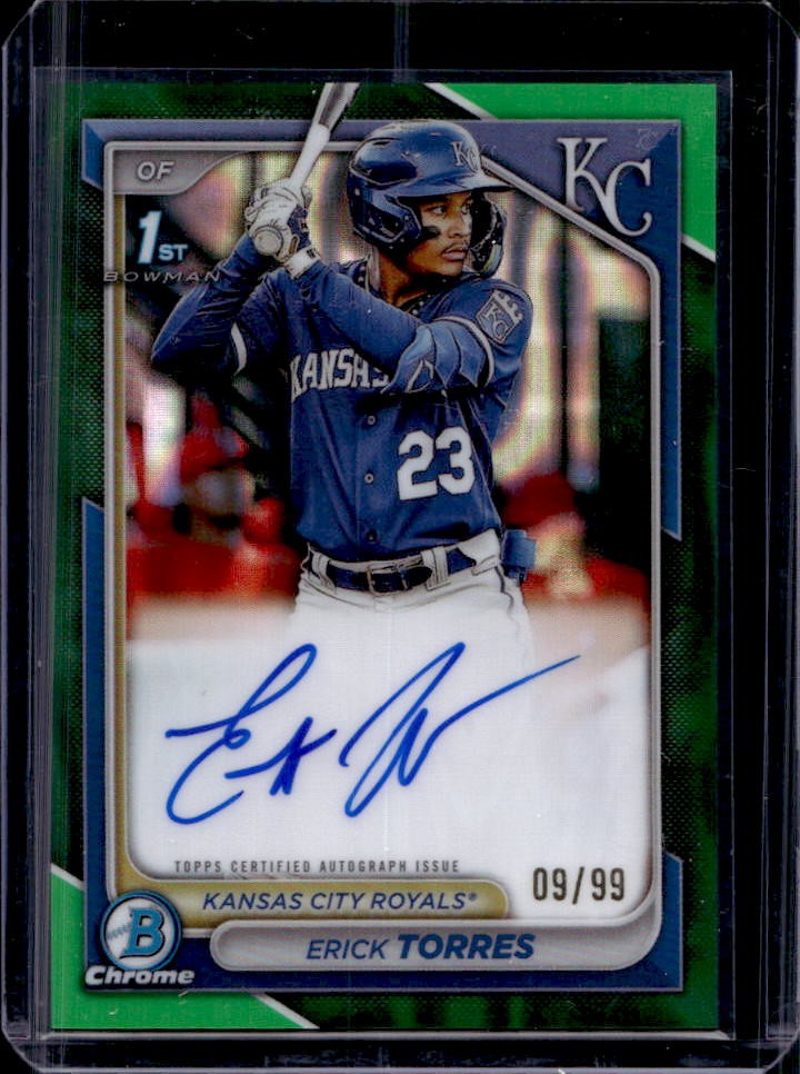 2024 Bowman Erick Torres Chrome Auto Green Lava 1st Prospect #9/99 Royals
