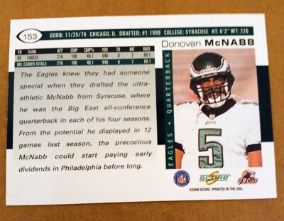 2000 Score DONOVAN MCNABB Football Card #153. PHILADELPHIA EAGLES