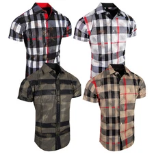 Mens Shirt Plaid Short Sleeve Gold Shiny Foil Overlay Flip-Cuff Stretch Slim Fit