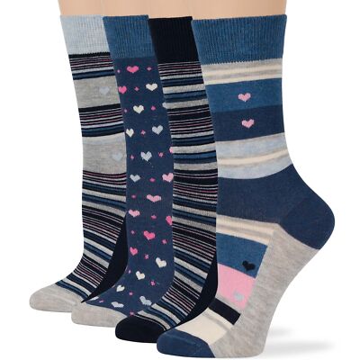 Women Cotton Crew Socks-4 Pack Medium- Heart-Stripe -Denim Blue Pink Grey