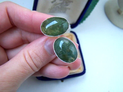 GORGEOUS VINTAGE SOLID STERLING SILVER MOSS AGATE CABOCHON CUFFLINKS NOT RING