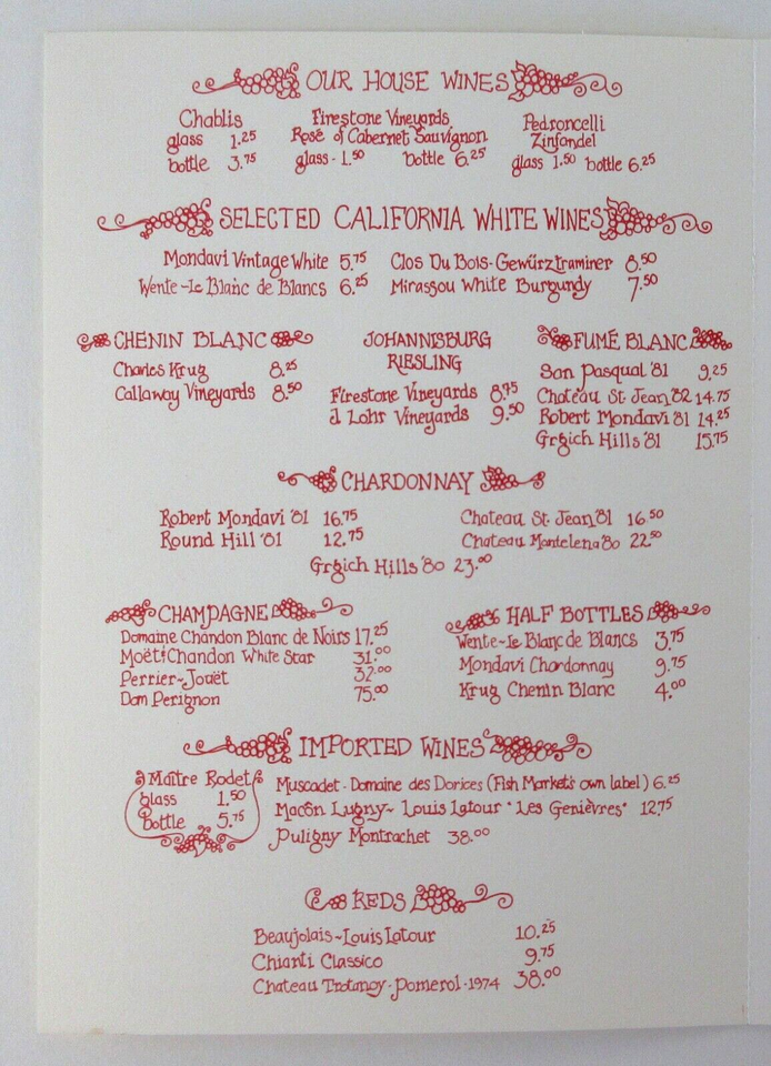 Vintage Seafood Restaurant Menu Wine List The Fish Market Del Mar CA