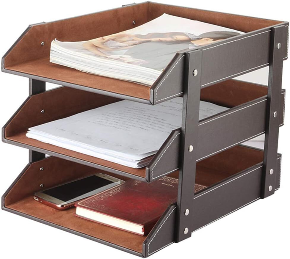 Sturdy 3-Tier Leather Desk Organizer for Files Folders Office Supplies-image