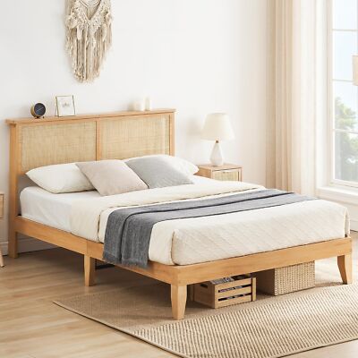Queen Size Bed Frame Rattan Headboard Wood Platform Bed Frame LED Light Bedroom
