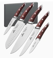 Brewin CHEFILOSOPHI Chef Knife Set 5 PCS with Elegant Red Pakkawood Handle...