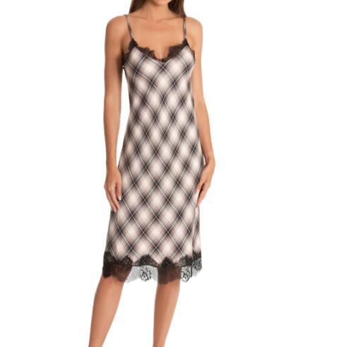 Womens Midnight Bakery Plaid Lace Midi Chemise Pink/Black Sz M - Picture 1 of 5