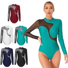 Womens Shiny Rhinestone Dance Leotard Long Sleeve Gymnastics Bodysuit Dancewear