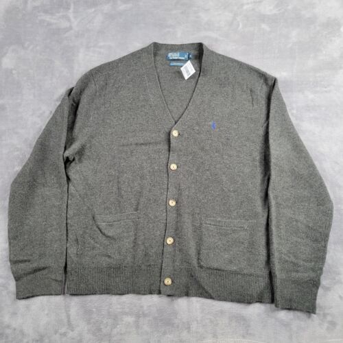 Neu mit Etikett Polo Ralph Lauren Strickjacke XXL 100 % Lammwolle grau Pony Logo Knopf Pullover