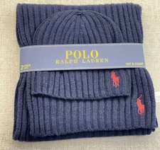 NWT Polo Ralph Lauren Men's 2 Piece Set Hat & Scarf in Navy Great Gift!