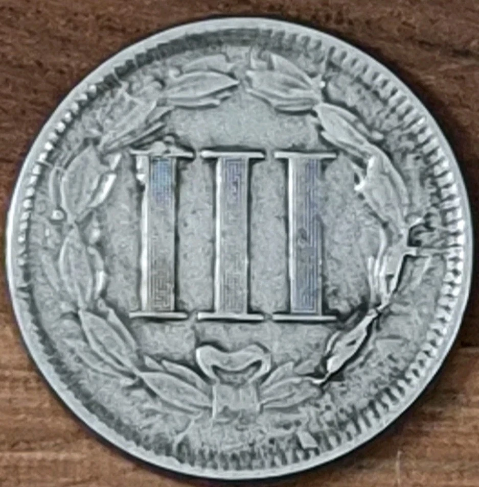 1866 3 Cent Nickel With Strikethrough Error On Obverse And Full Lined Column Cud - Image 2 of 4