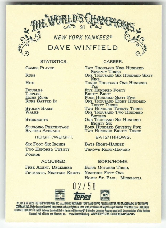 2020 Topps Allen & Ginter Chrome #91 Dave Winfield BASEBALL New York Yankees - Image 2 of 2