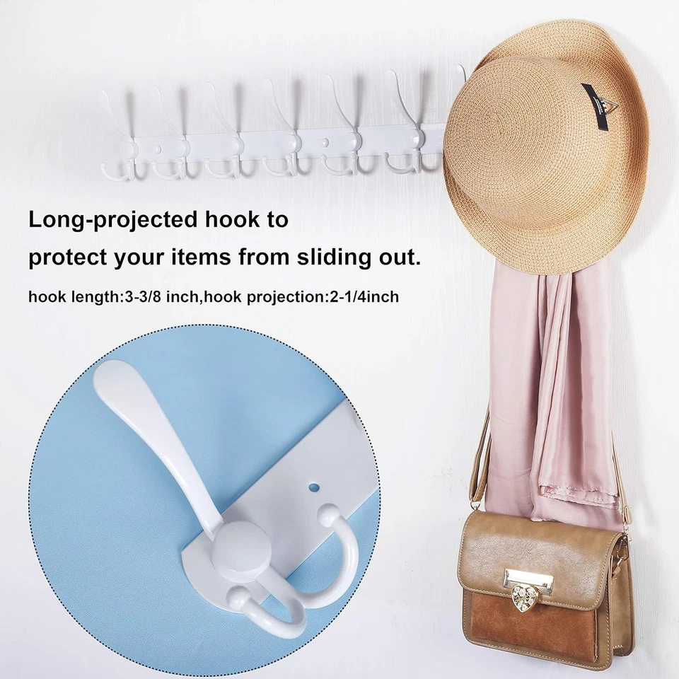 2 Pack 75cm Wall Mounted Coat Racks with 8 Hooks | White Metal Hook Rail - Image 3 of 4