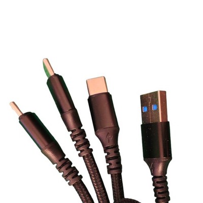 Mighty Wireless 4ft 3In1 Fast Charge Sync USB-C Micro USB Cable Black Nylon Cord
