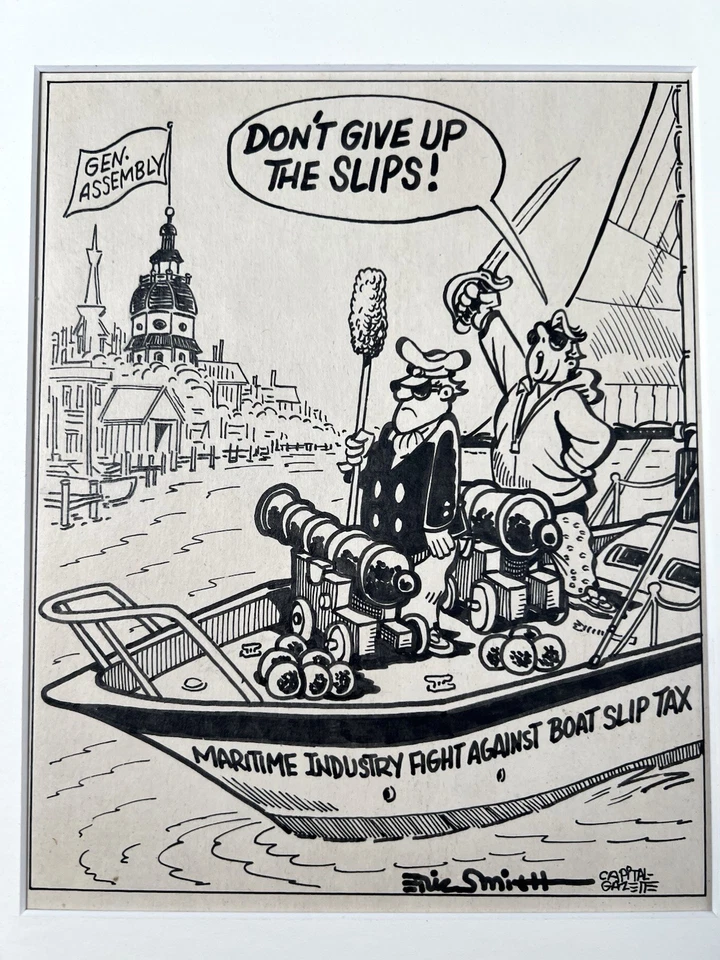 Eric Smith 1983 dibujos animados originales Capital Gazette barco impuesto de deslizamiento 11x9 arte mate Foto 2 de 4