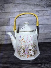 Vintage Japan Octagonal Porcelain Floral Teapot Bamboo Wrapped Handle Lid