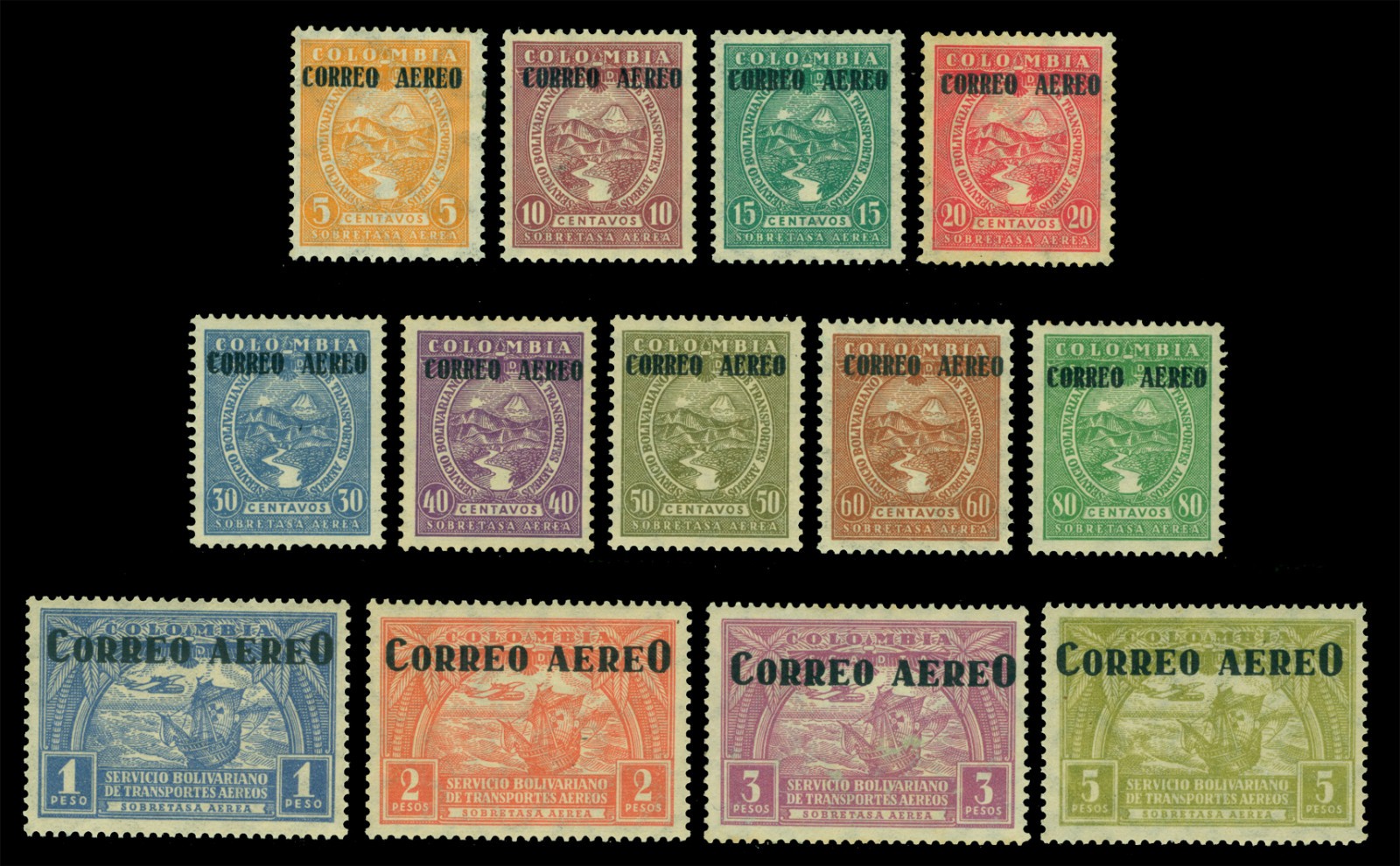 COLOMBIA 1932 AIRMAIL Columbus ship, River & Volcano OVPT.set Sc#C83-C95 mint MH