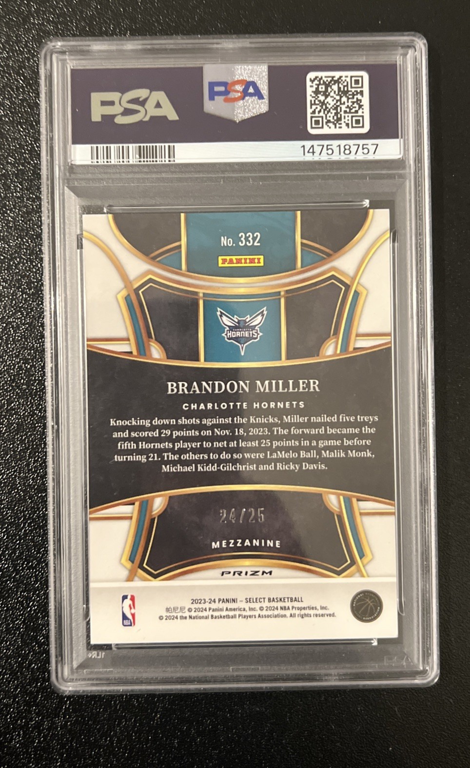 2023 Brandon Miller RC 24/25 PSA 10 Rookie Select Tie-Dye Prizm JERSEY NUMBER 🔥 view 2